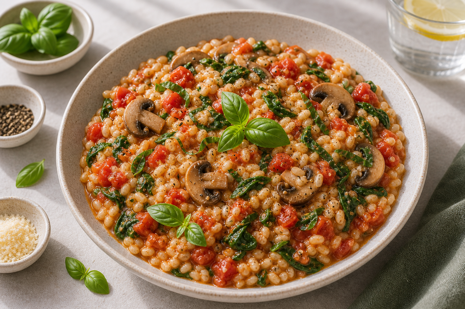Tomato Basil Barley Risotto served in premium editorial food styling