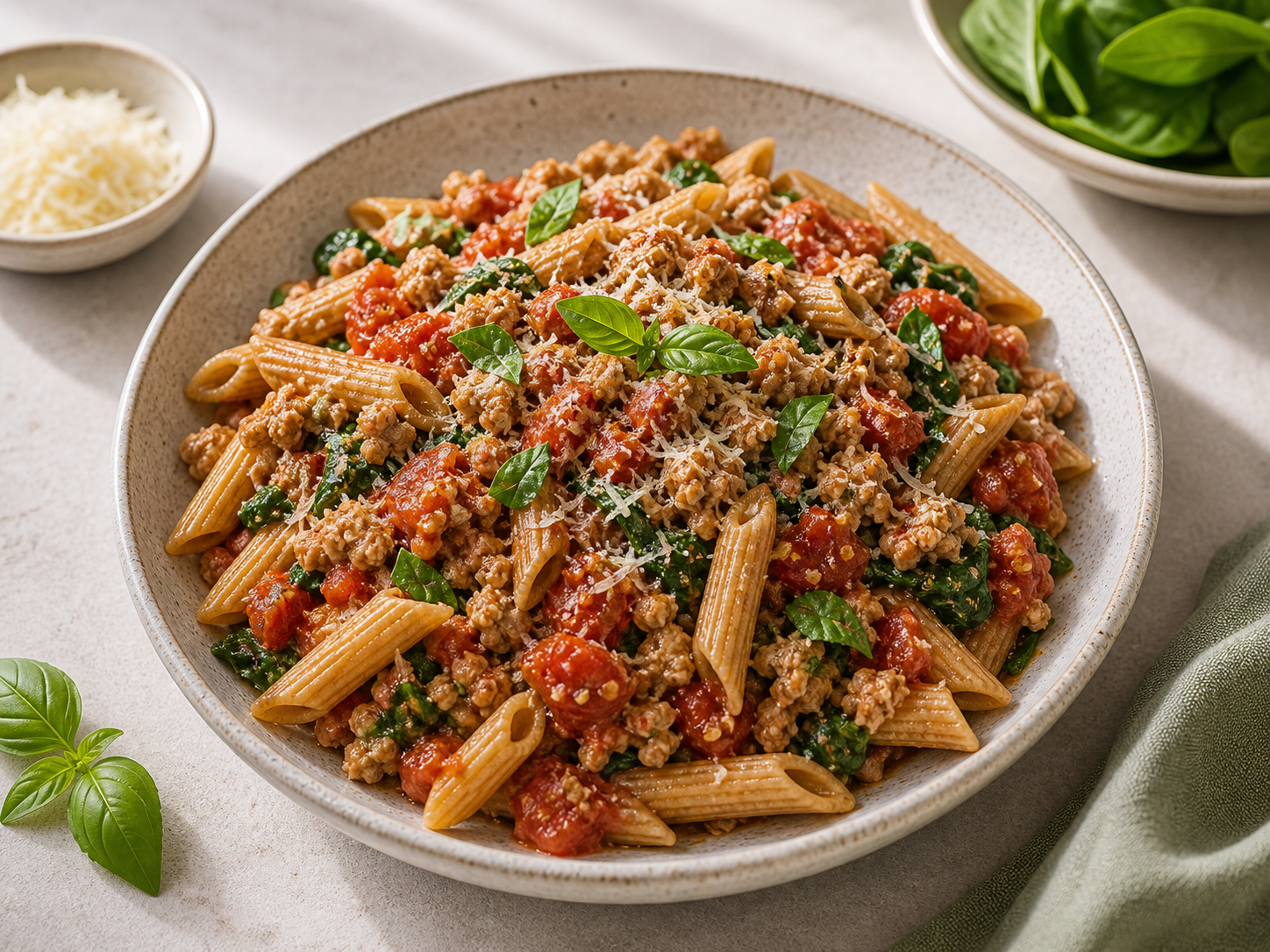 Training-Day Turkey Tomato Pasta served in premium editorial food styling