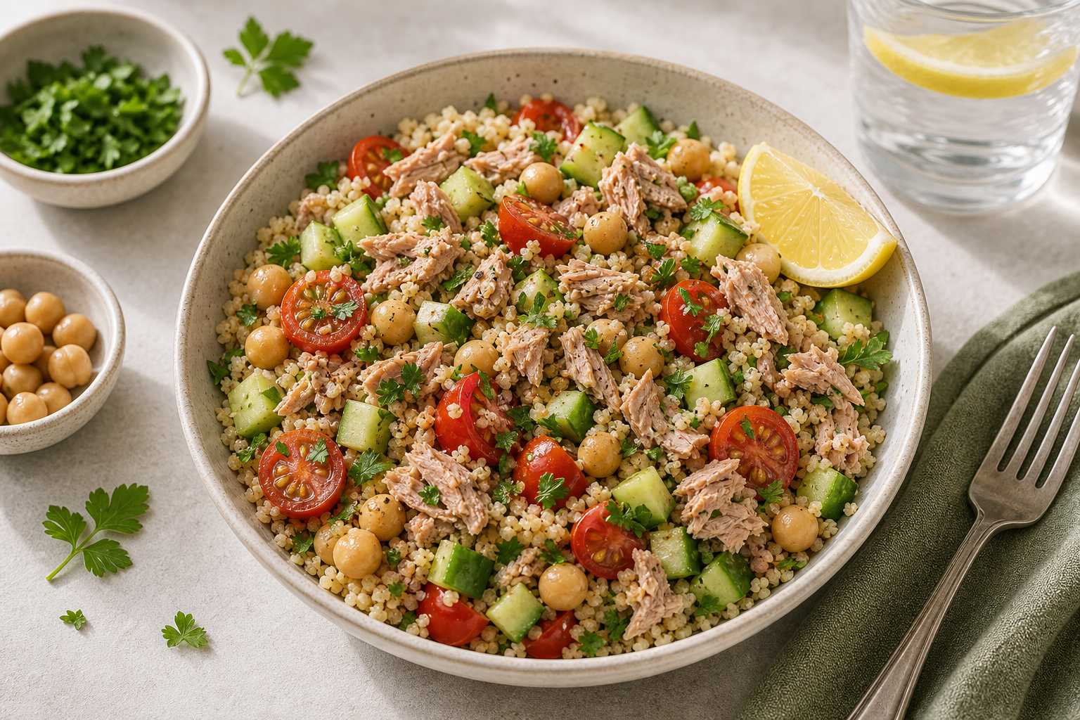 Tuna Couscous Training Lunch served in premium editorial food styling
