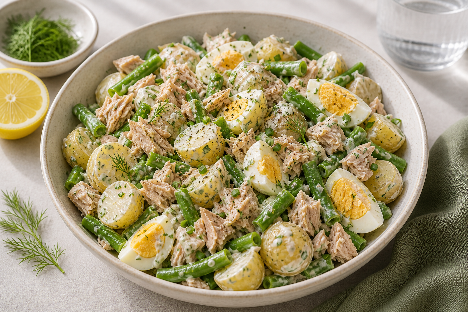 Tuna Potato Protein Salad served in premium editorial food styling