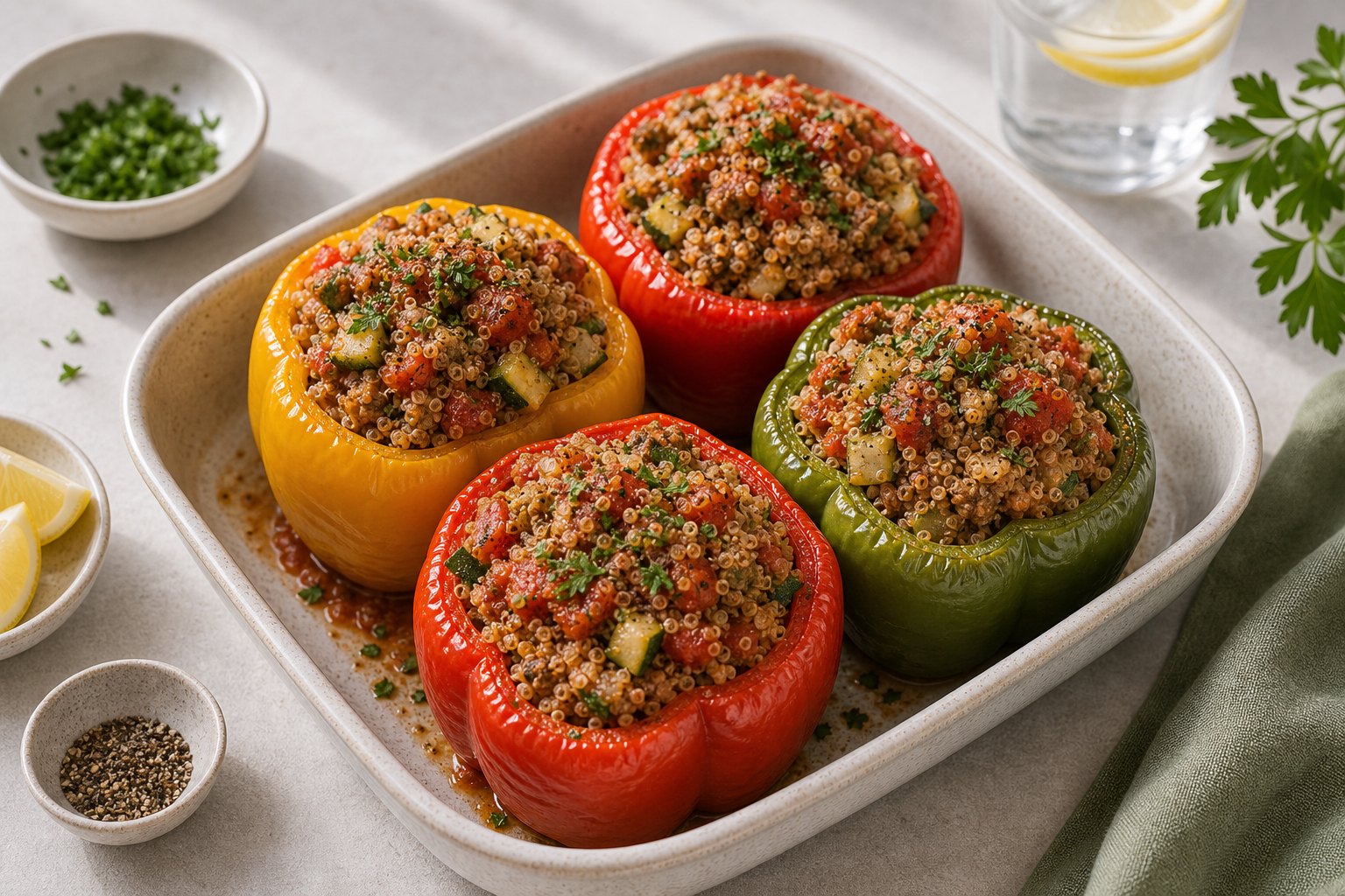 Turkey and Quinoa Stuffed Peppers served in premium editorial food styling