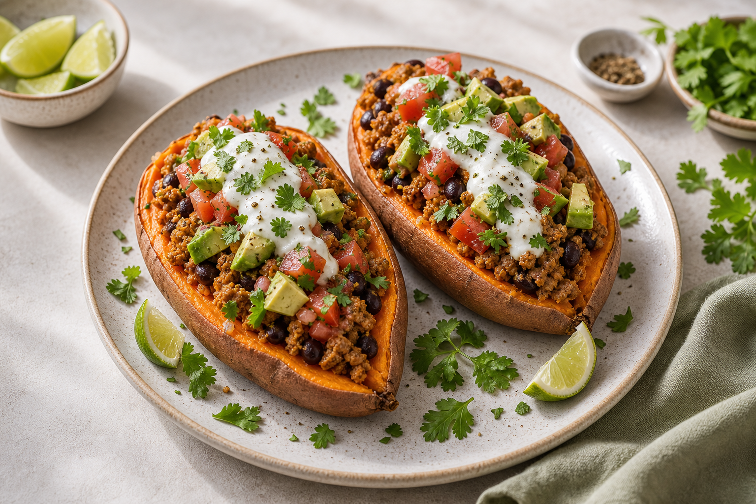 Turkey Taco Stuffed Sweet Potatoes served in premium editorial food styling