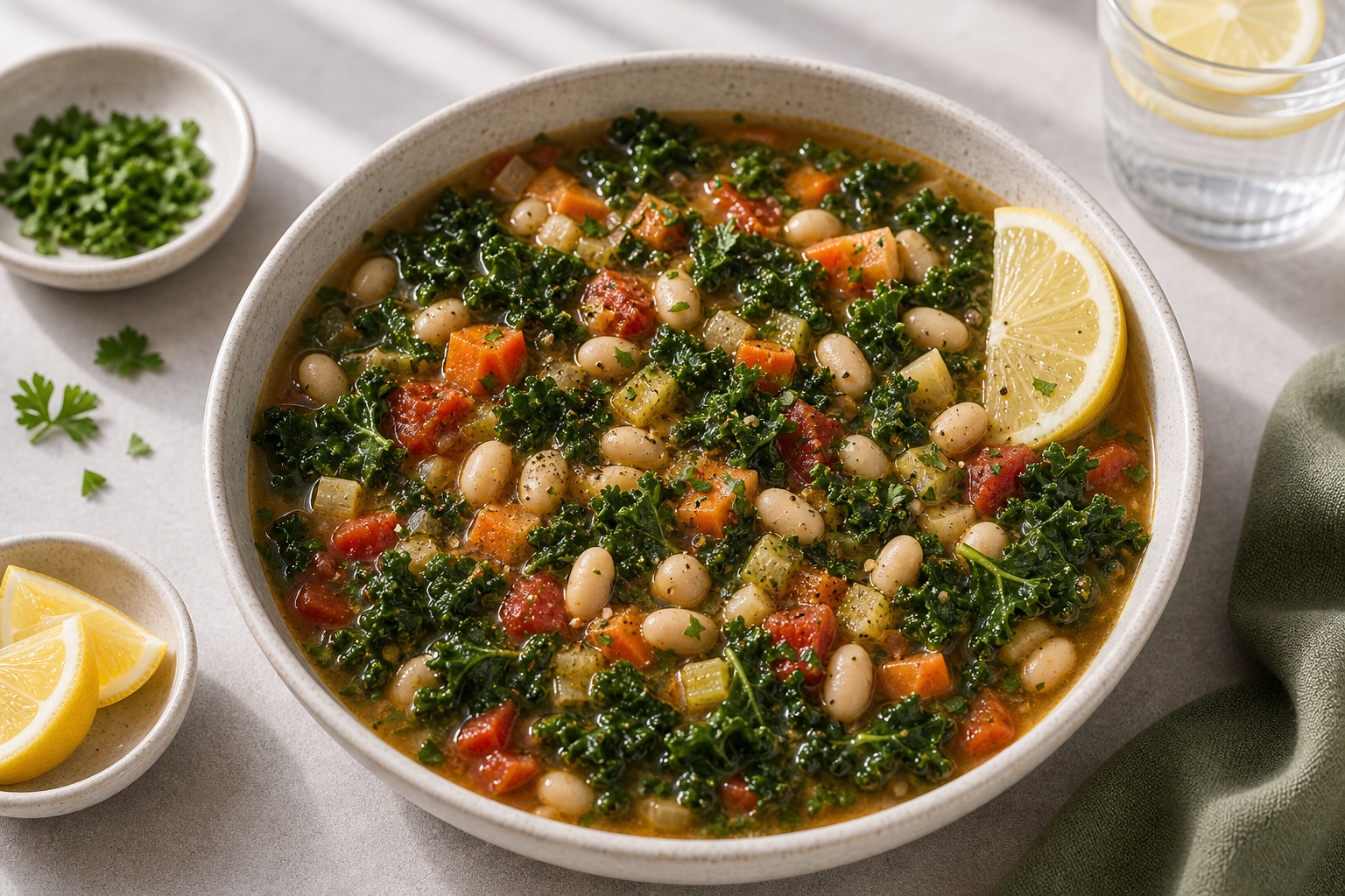 White Bean Kale Vegetable Soup served in premium editorial food styling