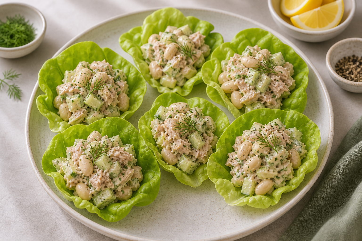 White Bean Tuna Lettuce Cups served in premium editorial food styling