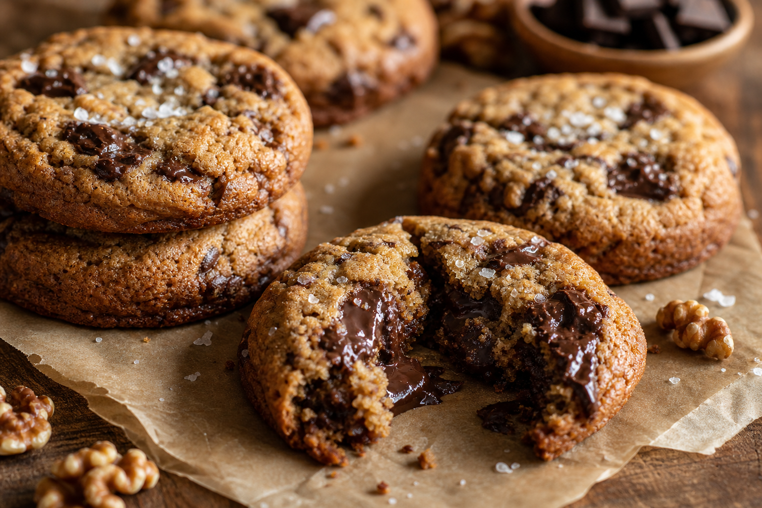 Whole-Grain Brown Butter Chocolate Chip Cookies served in premium editorial food styling