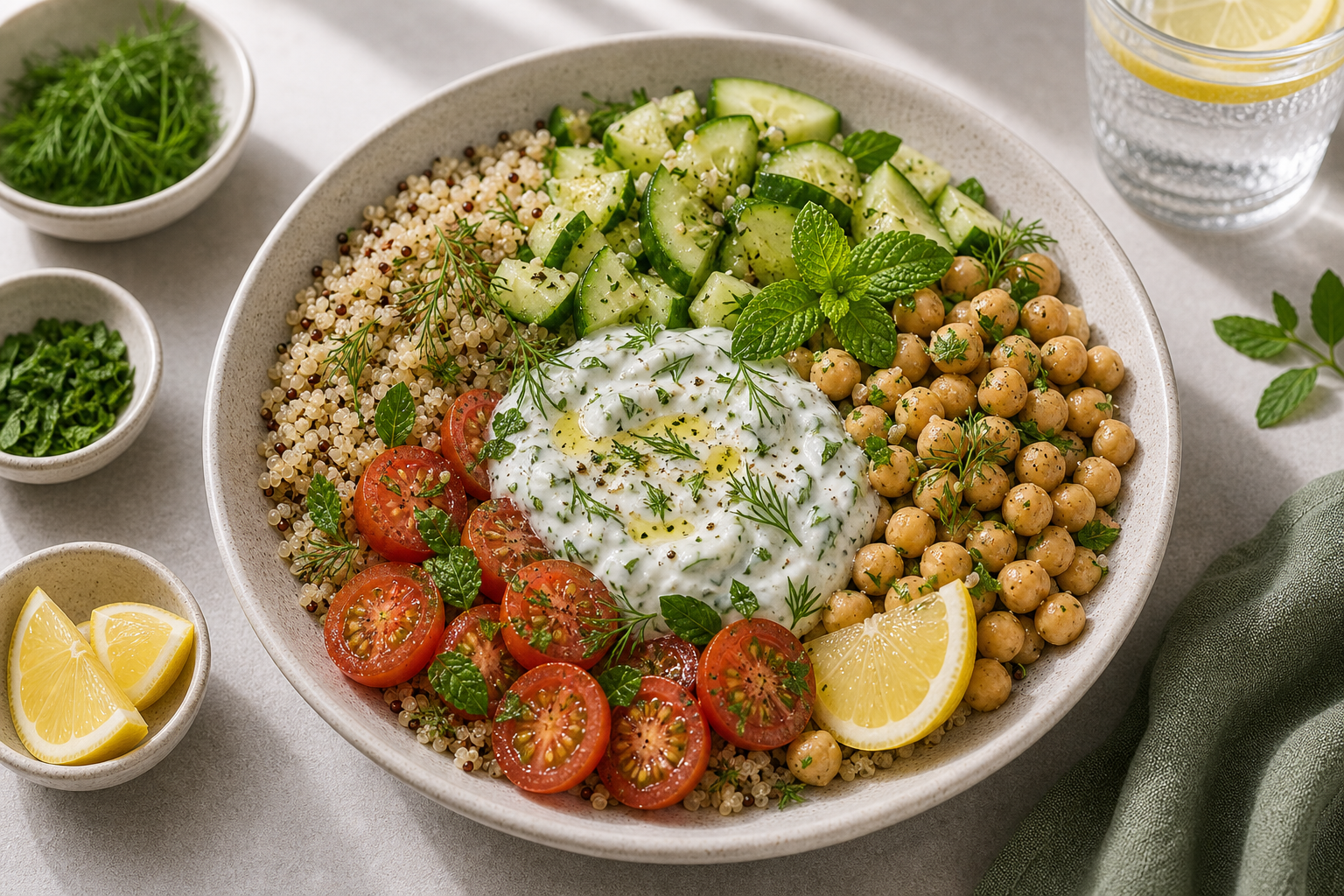 Yogurt Cucumber Chickpea Bowls served in premium editorial food styling